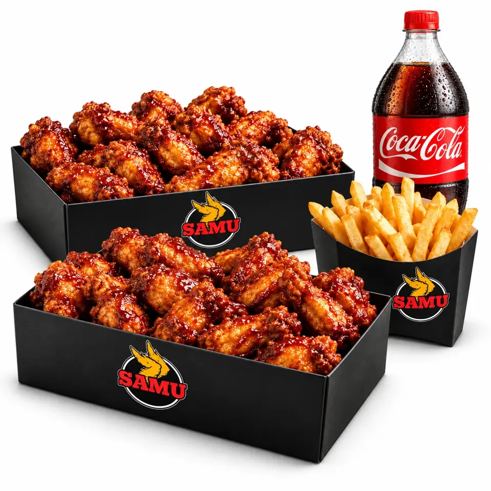 Mega Combo #2: alitas en salsa BBQ, papas y gaseosa en empaques Samu