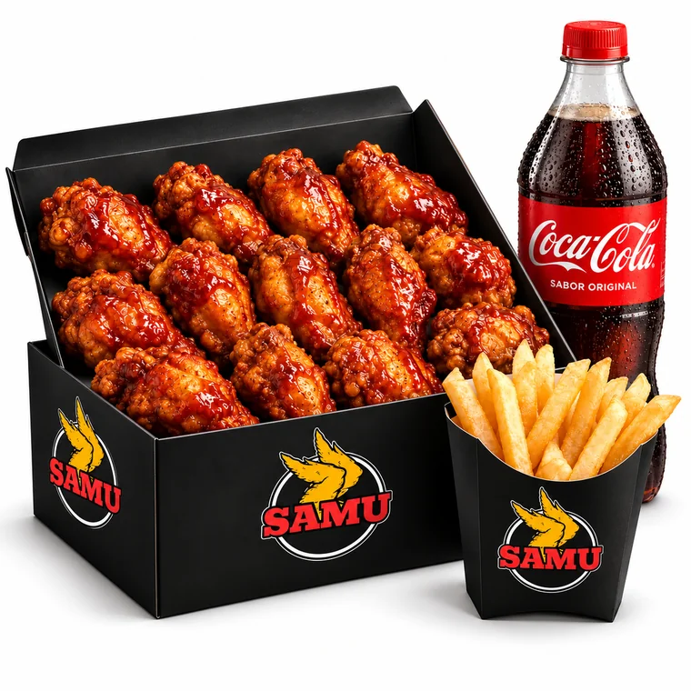 Combo #4: 12 alitas, papas y gaseosa en empaques Samu