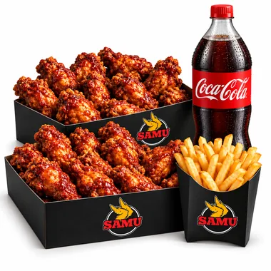 Mega Combo #1: 25 alitas, papas y gaseosa en empaques Samu