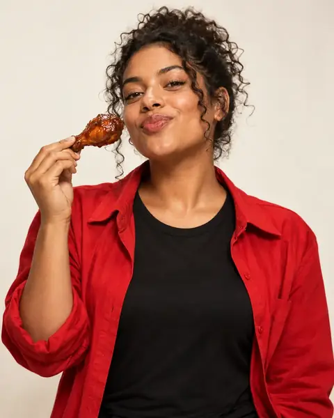 Retrato de campaña: mujer con una alita en salsa BBQ